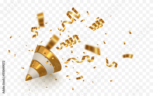 Golden Party Popper Explosion with Flying Confetti and Streamers on Transparent Background, Perfect for Celebration and Festive Designs. Vector Illustration
