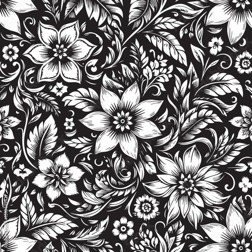 Wallpaper Mural Seamless Floral Pattern Vector in Classic Black & White Torontodigital.ca