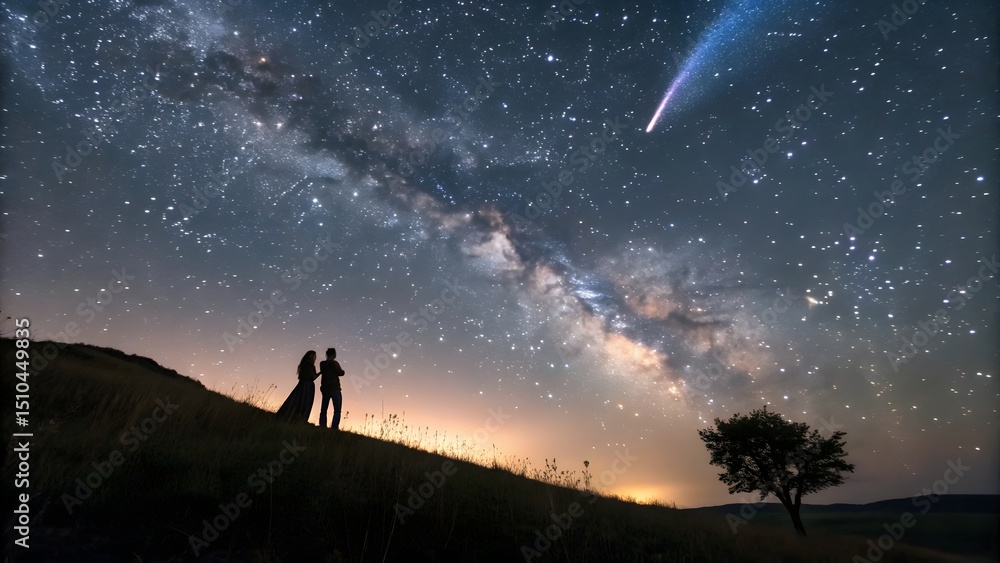 Obraz premium Couple Silhouetted Against Milky Way and Meteor Shower Night Sky Photography