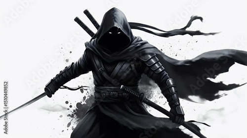 Shadowy Ninja Warrior with Dual Katanas and Hooded Cloak in Action
