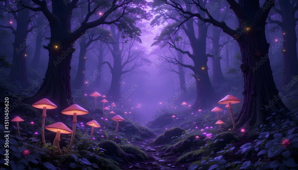 Fototapeta premium Fantasy Forest Scene with Purple Mist and Starlit Sky