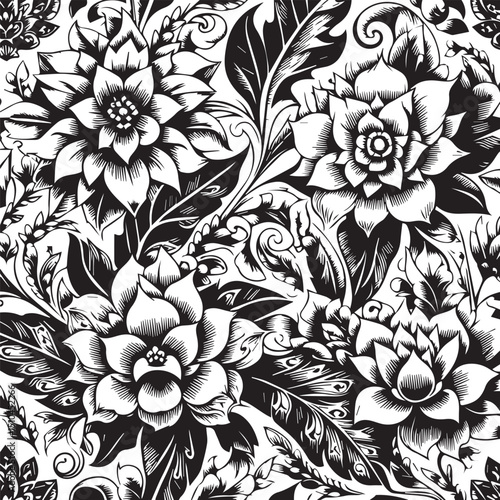 Wallpaper Mural Seamless Floral Pattern Vector in Classic Black & White Torontodigital.ca