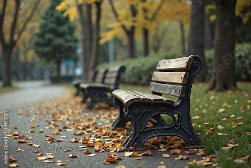 Empty park benches sit in the autumn leaves.  A peaceful scene in nature's golden hour.