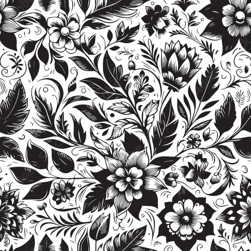 Wallpaper Mural Seamless Floral Pattern Vector in Classic Black & White Torontodigital.ca