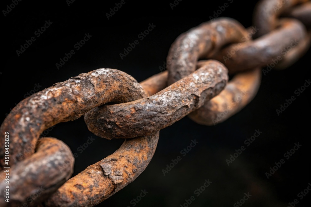 Rusted Chain Link Macro on Black Background Representing Wear and Fragility Rusted Chain Link Macro on Black Background Representing Wear and Fragility