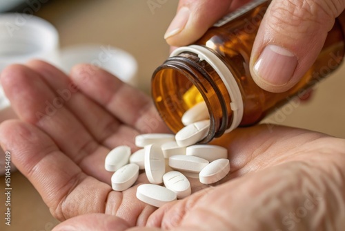 Capsules and pills spilling from a brown bottle onto a table, with an emphasis on modern medicine, prescriptions, and pharmaceutical solutions.