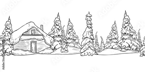 Seamless winter border with snowy pine trees and a forest cabin, hand drawn black white outline vector. Rustic landscape with firs, spruces, and wooden house in snow for cozy Christmas designs.