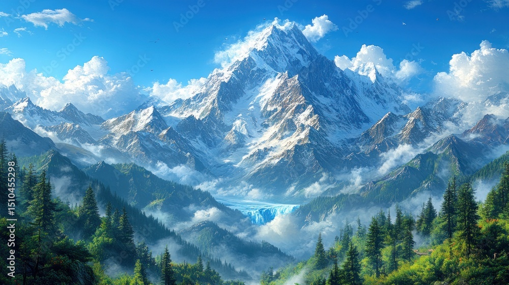 Obraz premium Snowy mountain peak above green valley with misty forest