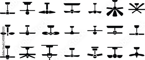 ceiling fan icons set spinning to provide cooling airflow, offering relief from summer heat. Roof fans collection in flat style