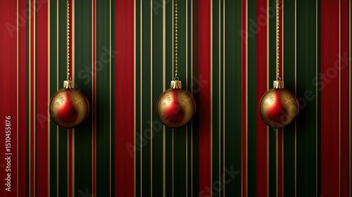 Gold baubles hang on striped wall, Christmas background