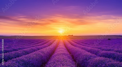 Lavender field at sunset with colorful sky in summer