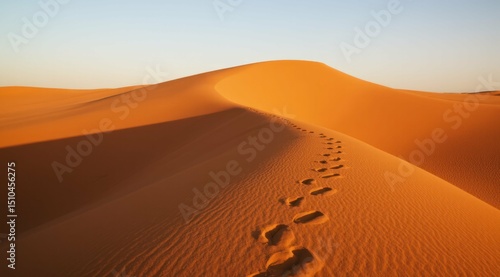 Sand dunes with footprints at dawn, Sahara desert landscape