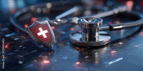 Medical Shield Protecting Health Data with Stethoscope on Glowing Network