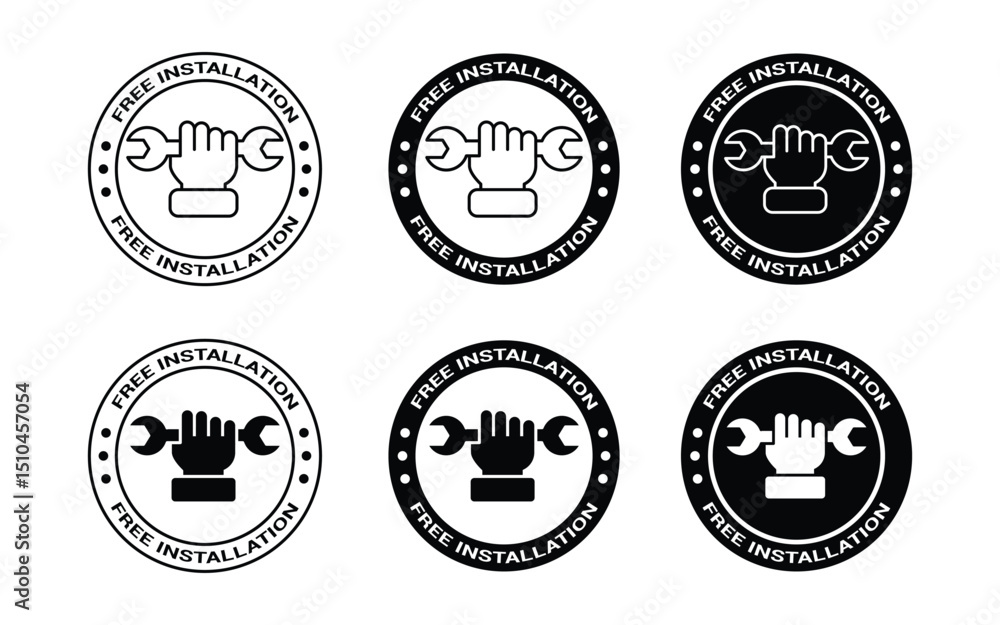 Obraz premium Free installation with hand and spanner icon set. repair service icons. Install, upgrade, fix, Free installation logo, label, badge, stamp, symbol, emblem, line, vector illustration.