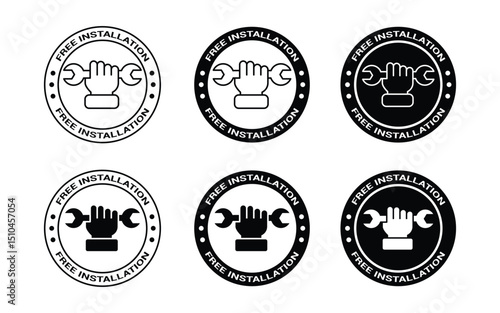 Free installation with hand and spanner icon set. repair service icons. Install, upgrade, fix, Free installation logo, label, badge, stamp, symbol, emblem, line, vector illustration.