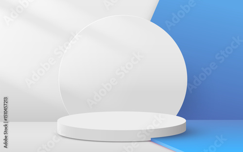 Abstract scene background. Cylinder podium on blue background. Product presentation, mock up, show cosmetic product, Podium, stage pedestal or platform.