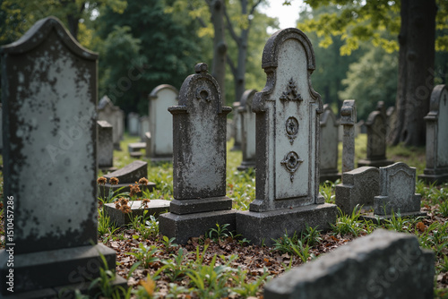 Weathered headstones stand in a tranquil cemetery, their aged surfaces telling stories of lives lived and lost.  A peaceful scene in muted tones.