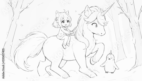 Enchanting illustration of a girl riding a unicorn in a magical forest with a cute penguin in a whimsical coloring book style