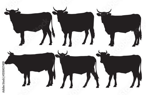 Collection of black silhouette cow illustrations on a white background.