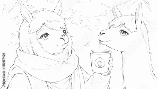 Cute illustration of a cozy scene with a person and llamas enjoying tea in a charming coloring book style
