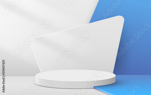 Abstract scene background. Cylinder podium on blue background. Product presentation, mock up, show cosmetic product, Podium, stage pedestal or platform.
