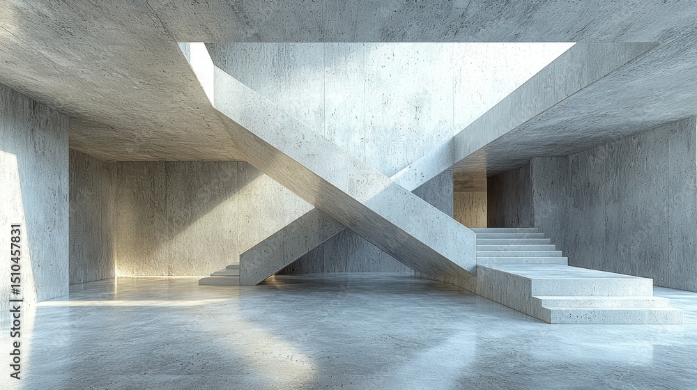 Fototapeta premium Modern concrete interior with intersecting stairs