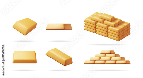 Gold bar collection, 3d icon set of financial investment and wealth symbol. Business success illustration with concept of riches.