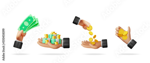 Hand holding money and coins. Collection of 3d human hands with cash and gold coins. Investment, income, donation concept. Bank, cash back.