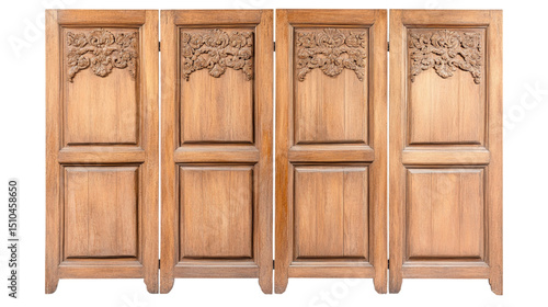 Vintage inspired folding screen room divider made of wood, featuring intricate carvings and warm finish, adds elegance to any