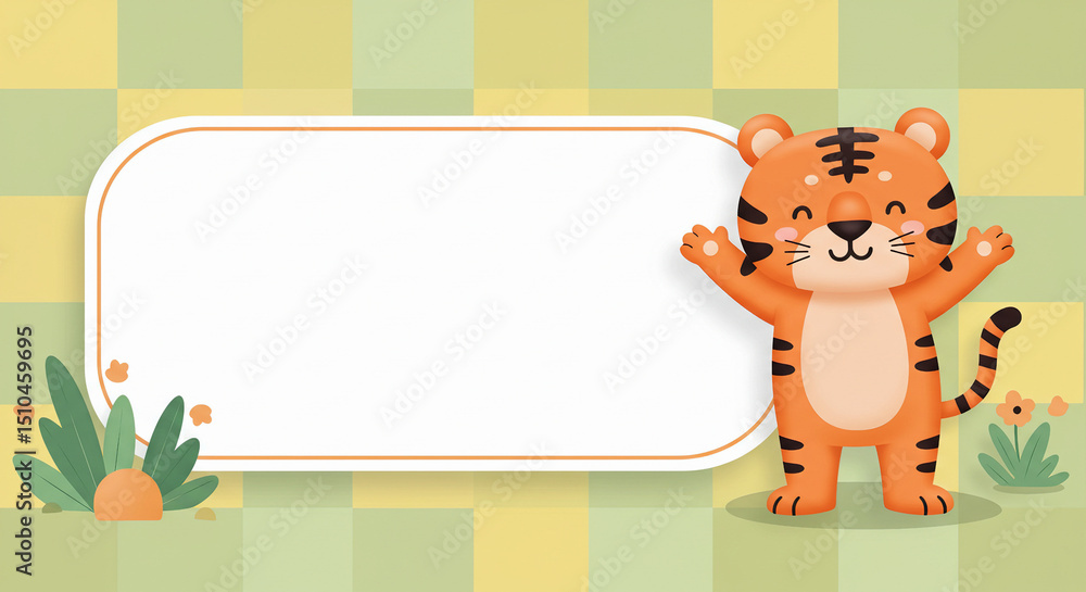 Playful Cartoon Tiger with Open Arms Standing Next to Message Frame – Ideal for Classrooms and Nurseries Playful Cartoon Tiger with Open Arms Standing Next to Message Frame – Ideal for Classrooms and Nurseries