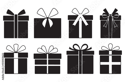 Black gift box icon collection with ribbons for celebration and gifting.