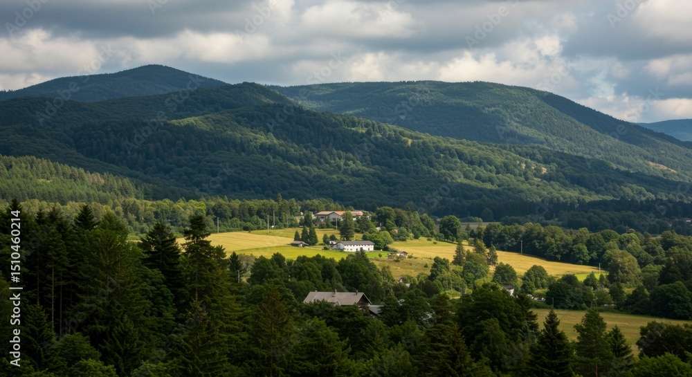 Fototapeta premium Serene valley nestled amidst verdant mountains under a partly cloudy sky. Farmland, forests, and distant hills create a picturesque landscape