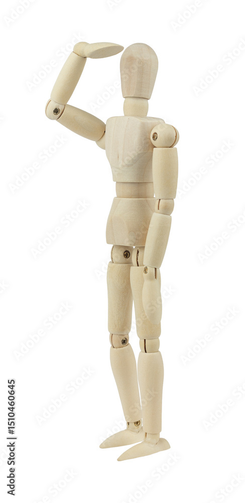 wooden man, wooden mannequin looking into the distance isolated on background wooden man, wooden mannequin looking into the distance isolated on background