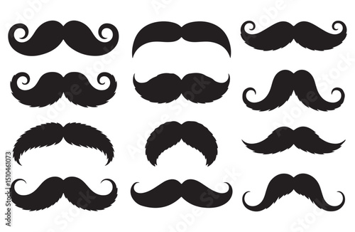 Different black mustaches arranged for use in grooming and fashion designs.