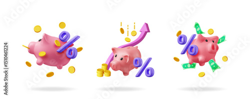 3d stock vector illustration set collection with piggy bank, coins, percentage sign, money and arrow showing growth.