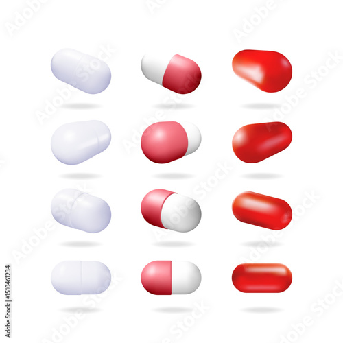 3d medical capsule set. collection of vector isolated medication pills and drugs. vitamins, antibiotic, painkiller tablet.