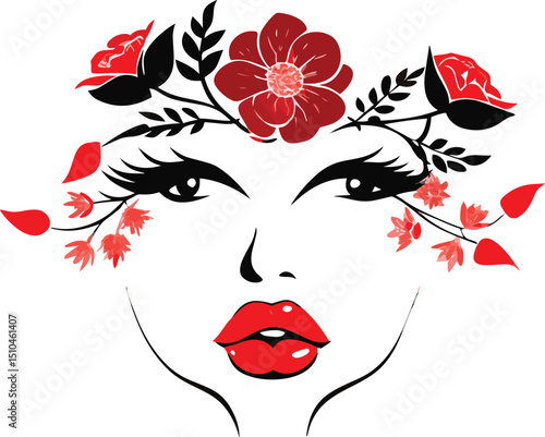 Floral Face: A captivating illustration of a woman's face adorned with a delicate floral crown, celebrating the beauty of nature and femininity. 