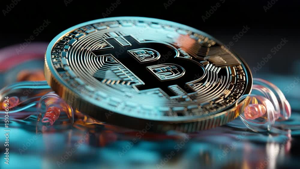 bitcoin future digital currency glowing coin rotating camera movement blockchain crypto finance galaxy background technology money decentralization space motion futuristic animation