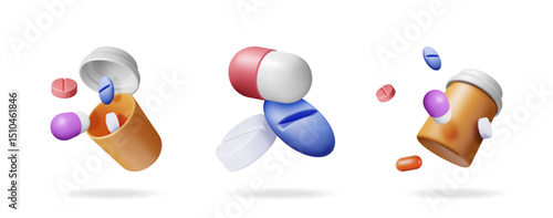 Set of 3d medical pills, capsules, and bottle for health care illustration. Modern pharmacy and drug concept design for banner.