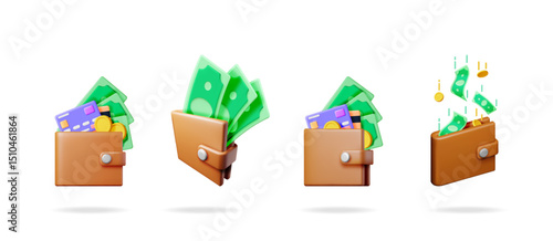 Set of 3d vector wallets with cash and credit cards. Money falling into digital purse with wealth and financial prosperity concept.