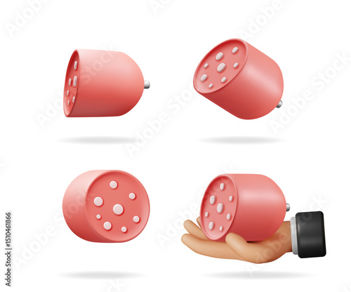 Cute cartoon style illustration of a piece of sausage with white fat spots shown from various angles with one hand holding it.