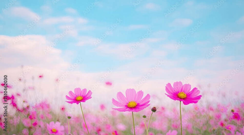 Field of cosmos flowers under a blue sky on a sunny day Field of cosmos flowers under a blue sky on a sunny day