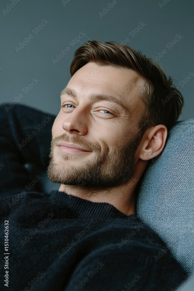 Obraz premium A confident, smiling young man with beard and mustache lounging comfortably in modern style setting.