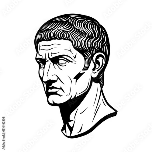 Illustration of a roman emperor caesar bust isolated on white background in black and white, showcasing ancient history, leadership, and classic art