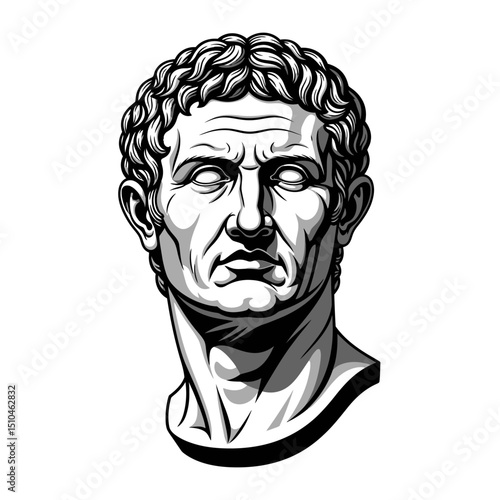 Monochrome bust sculpture of a roman emperor isolated on white background, showcasing ancient art, history, and classical design in a vintage style portrait