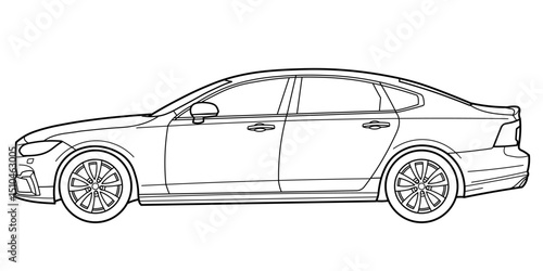 Premium full size classic sedan car. Different five view shot - front, rear, side and 3d. Outline doodle vector illustration
