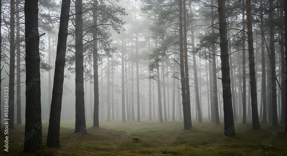 Obraz premium Misty Pine Forest, Eerie Atmosphere