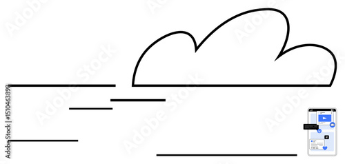Cloud with flowing data lines connected to digital interface on a mobile device. Ideal for technology, digital transformation, cloud computing, data management, online storage, web services, flat