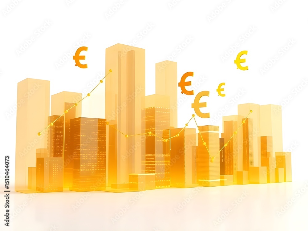 Fototapeta premium A Golden City Skyline with Floating Global Currency Symbols in the Sky, Representing International Finance, Wealth, and Economic Growth
