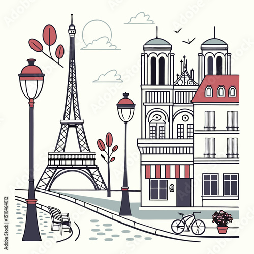 Parisian Street with Eiffel Tower Illustration